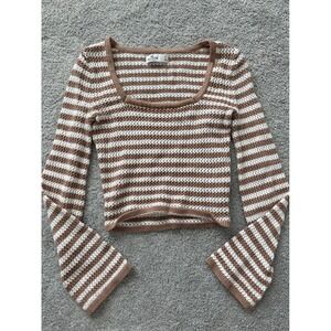 Hollister Womens Brown White Striped Crochet Knit Bell Sleeve Square Neck Top S